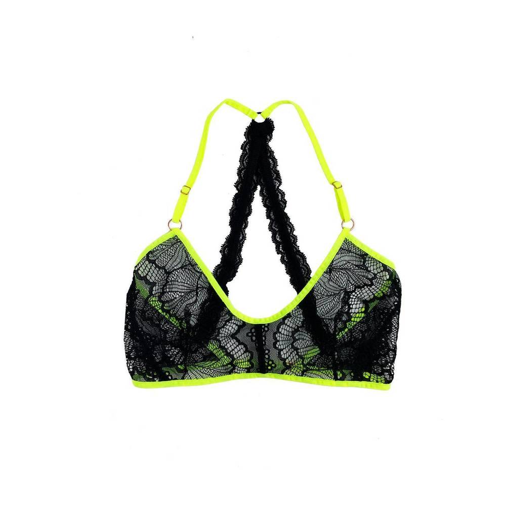 NEW TITOV women's kiera lace neon trim bralette in black /yellow